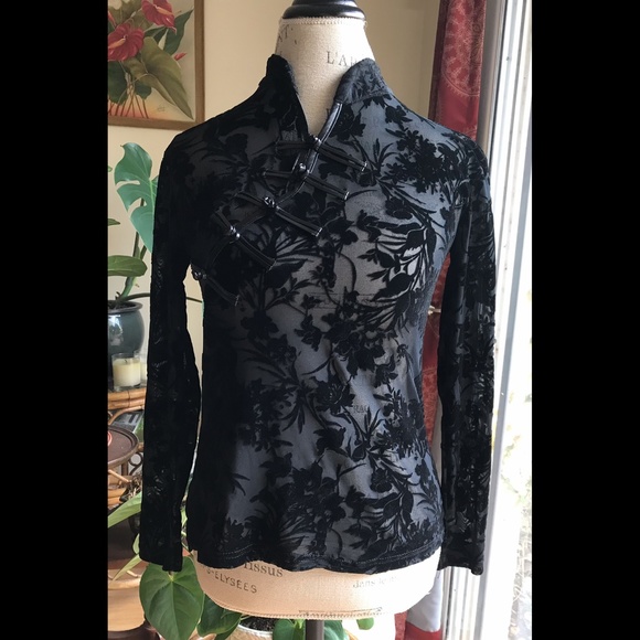 Cheongsam Goth Stretchy Flocked Top w/ Faux Leather Closures NWOTs Tag L, but M - Picture 4 of 7